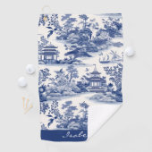 Custom Chinoiserie Patroon Pagode Blauw Wit Golfhanddoek (Insitu)