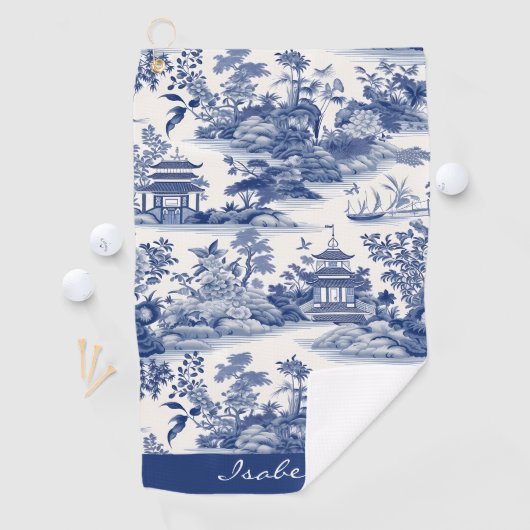 Custom Chinoiserie Patroon Pagode Blauw Wit Golfhanddoek (Insitu)