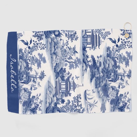 Custom Chinoiserie Patroon Pagode Blauw Wit Golfhanddoek (Horizontaal)