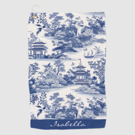 Custom Chinoiserie Patroon Pagode Blauw Wit Golfhanddoek