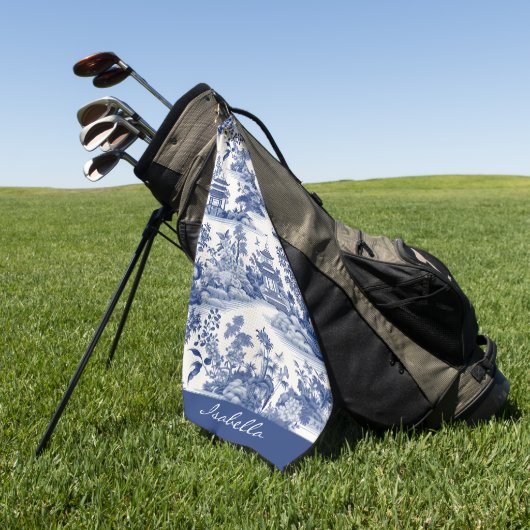Custom Chinoiserie Patroon Pagode Blauw Wit Golfhanddoek (Groen)