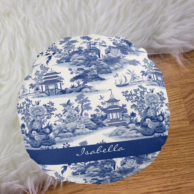 Custom Chinoiserie Patroon Pagode Blauw Wit Rond Kussen (Creator heeft geüpload)