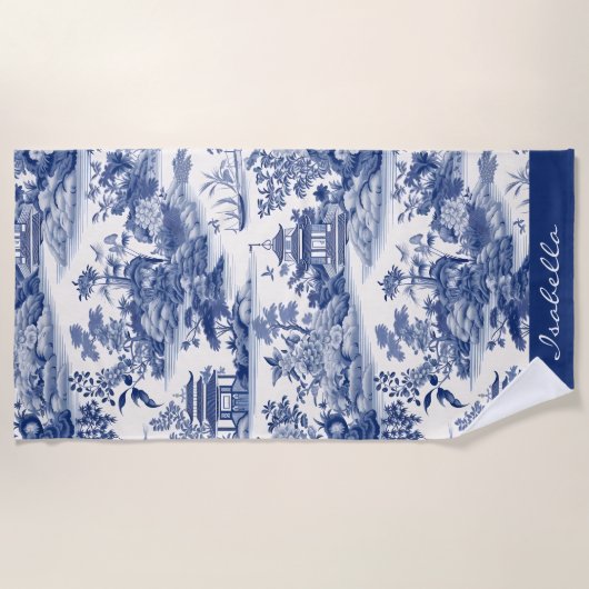 Custom Chinoiserie Patroon Pagode Blauw Wit Strandlaken (Voorkant)