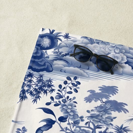 Custom Chinoiserie Patroon Pagode Blauw Wit Strandlaken (In situ)