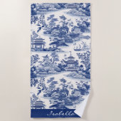Custom Chinoiserie Patroon Pagode Blauw Wit Strandlaken (Voorkant)