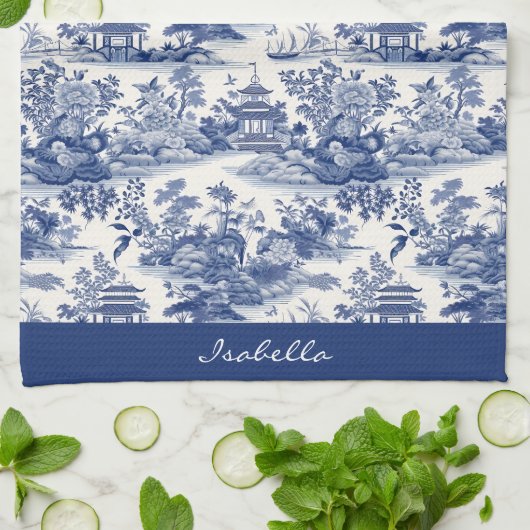 Custom Chinoiserie Patroon Pagode Blauw Wit Theedoek (Gevouwen)