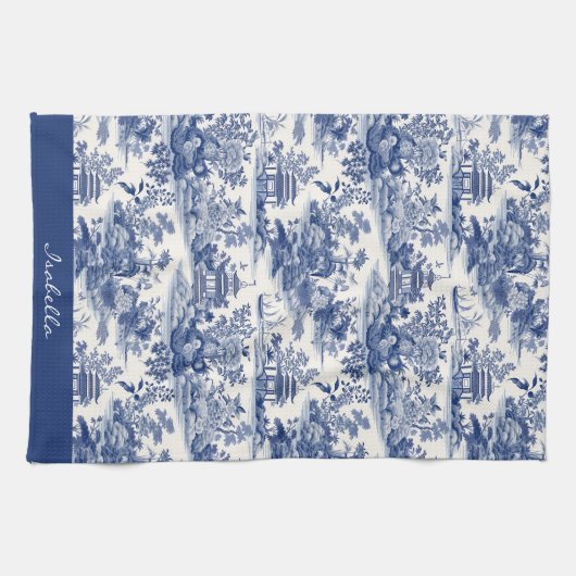 Custom Chinoiserie Patroon Pagode Blauw Wit Theedoek (Horizontaal)