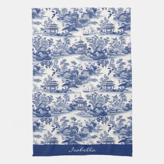 Custom Chinoiserie Patroon Pagode Blauw Wit Theedoek (Verticaal)