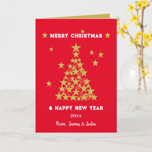 Custom Chique Rood & Goud Glitter Sterren Kerstmis Kaart (Gele Bloem)