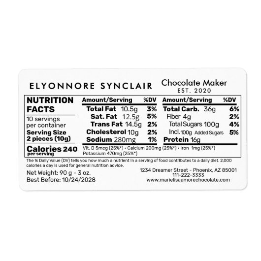 Custom Chocolate Maker Products Nutrition Facts Etiket (Voorkant)