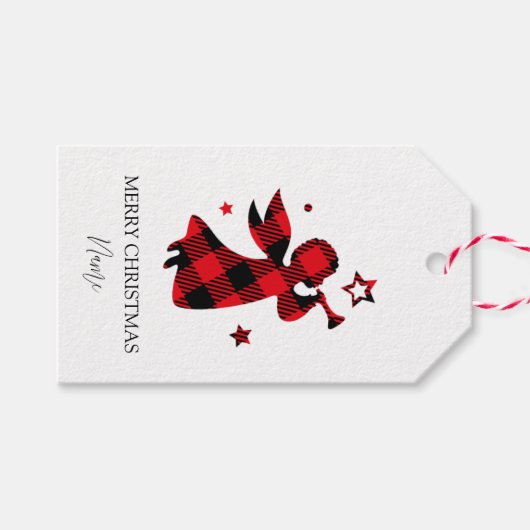 Custom Christmas Angel – Rode Buffel Plaid Cadeaulabel (Voorkant (Horizontaal))