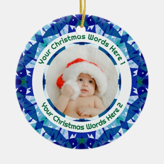 Custom Christmas Blue Green Family Photo Gift Keramisch Ornament (Voorkant)