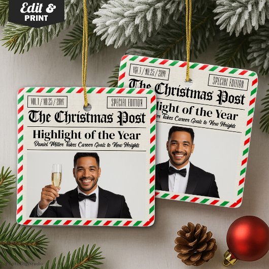 Custom Christmas Celebrate Achievement Newspaper  Keramisch Ornament