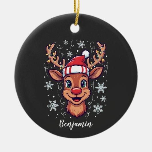 Custom Christmas Cheer Cute Reindeer in Hat  Keramisch Ornament (Voorkant)