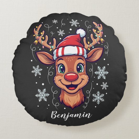 Custom Christmas Cheer Cute Reindeer in Hat  Rond Kussen (Voorkant)