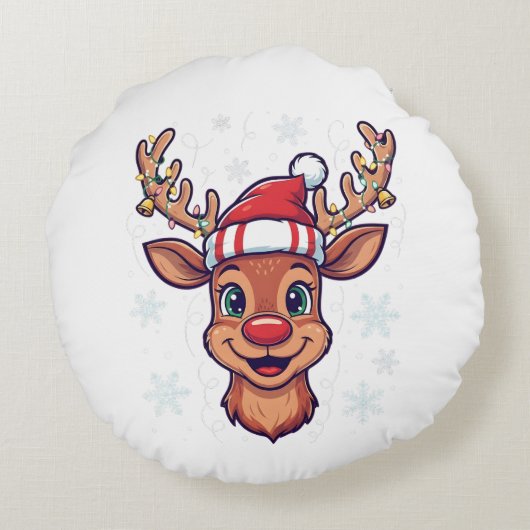 Custom Christmas Cheer Cute Reindeer in Hat  Rond Kussen (Achterkant)