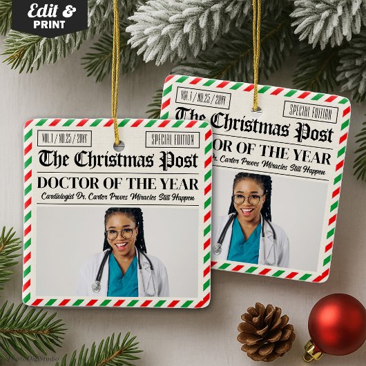 Custom Christmas Doctor Gift, Fun Newspaper Doctor Keramisch Ornament