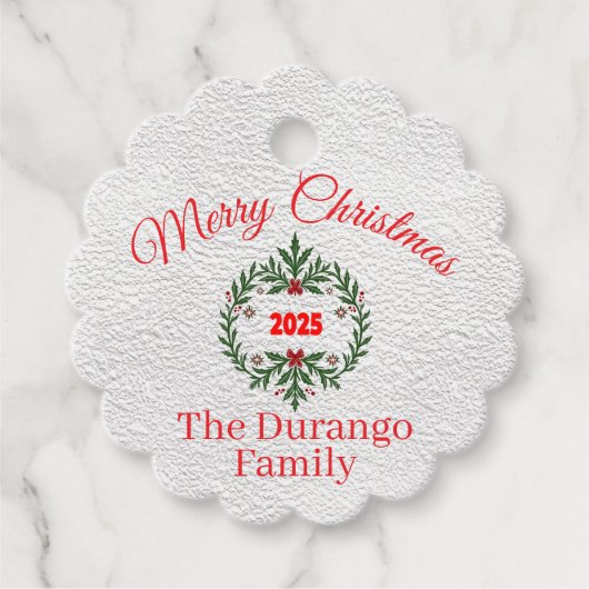 Custom Christmas Festive Floral Wreath Scalloped Bedankjes Labels (Voorkant)