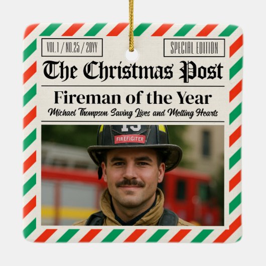 Custom Christmas Firefighter Gift, Fun Newspaper Keramisch Ornament (Achterkant)