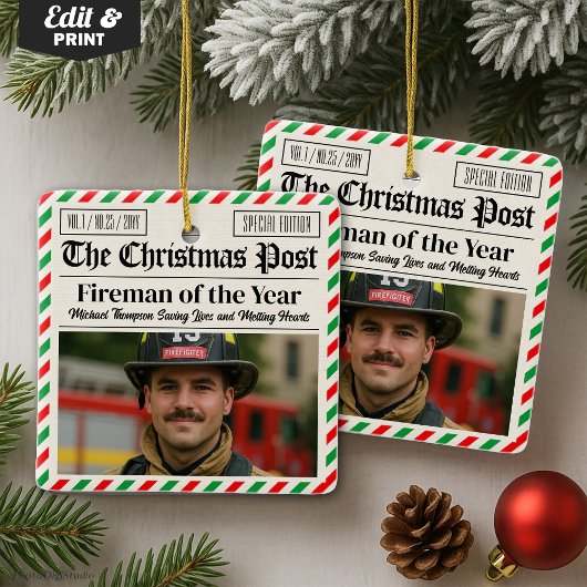 Custom Christmas Firefighter Gift, Fun Newspaper Keramisch Ornament