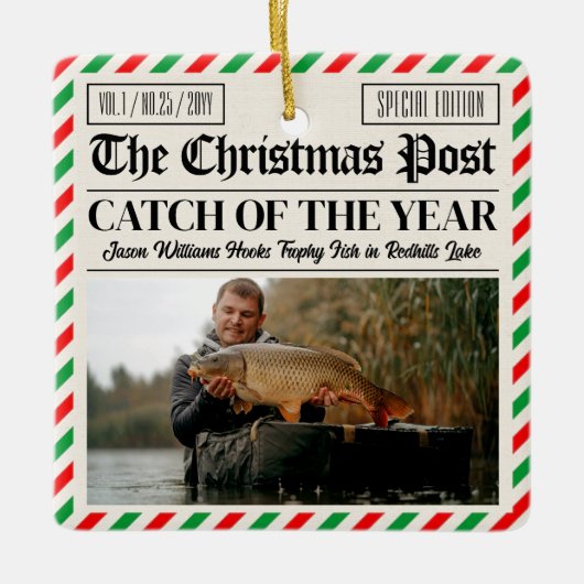 Custom Christmas Fishing Gift, Newspaper Fisherman Keramisch Ornament (Voorkant)