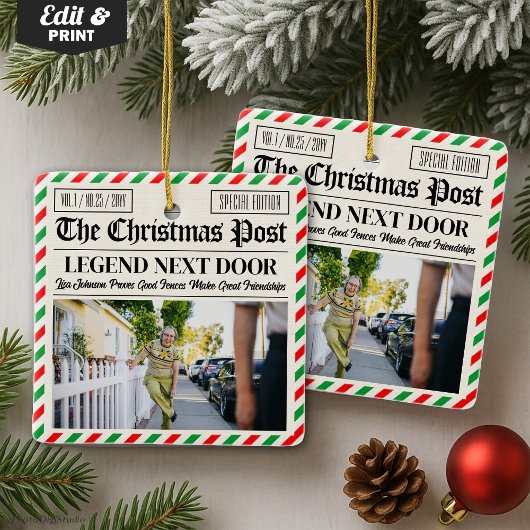 Custom Christmas Gift for Neighbour Fun Newspaper Keramisch Ornament