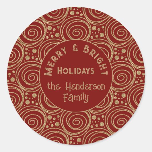 Custom Christmas Golden Swirls on Red Pattern -  Ronde Sticker (Voorkant)