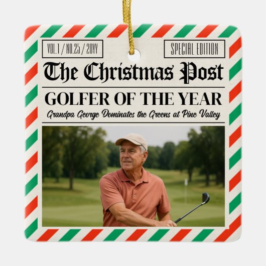 Custom Christmas Golfer Gift, Fun Golf Newspaper  Keramisch Ornament (Voorkant)