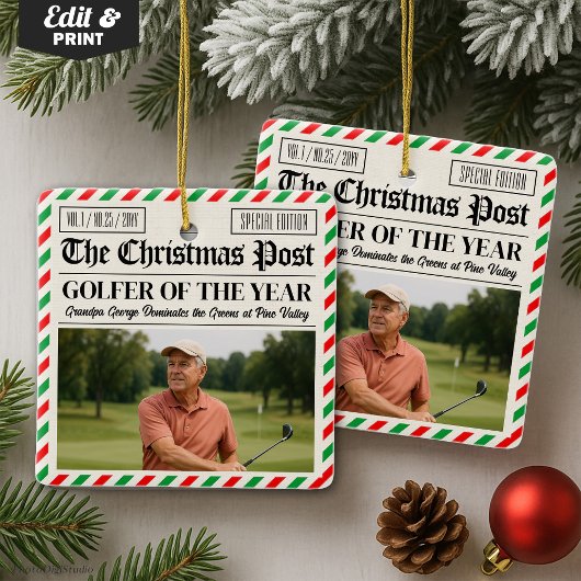 Custom Christmas Golfer Gift, Fun Golf Newspaper  Keramisch Ornament