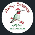 Custom Christmas Hummingbird Ronde Sticker<br><div class="desc">Dit gepersonaliseerde Kerst sticker is voorzien van een met de hand geïllustreerde kolibrie met een kerstmuts. Voeg een uniek tintje toe aan uw geschenken,  brieven of zelfgemaakte goederen.</div>
