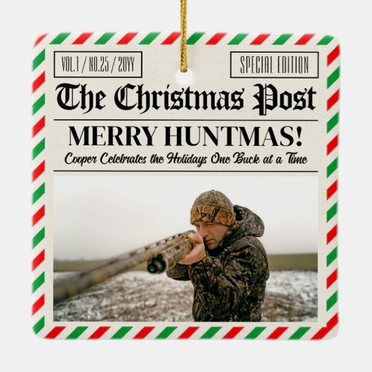 Custom Christmas Hunter Gift Newspaper Outdoorsman Keramisch Ornament (Achterkant)