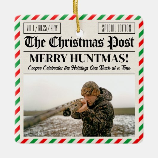 Custom Christmas Hunter Gift Newspaper Outdoorsman Keramisch Ornament (Voorkant)