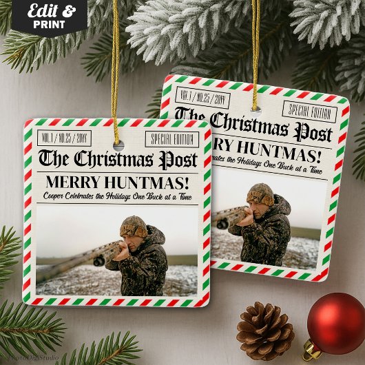 Custom Christmas Hunter Gift Newspaper Outdoorsman Keramisch Ornament