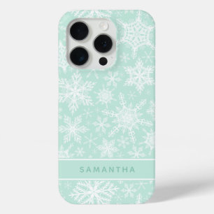 Custom Christmas Mint Groene en Witte Sneeuwvlokke iPhone 15 Pro Case