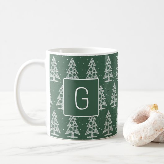 Custom Christmas Monogram Mug with White Trees Koffiemok (Met donut)