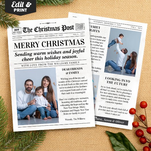Custom Christmas Newspaper Card, Christmas Photo Feestdagenkaart