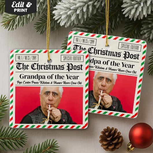 Custom Christmas Newspaper for Grandpa or Grandma Keramisch Ornament