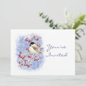 Custom Christmas Party Nodig Vogel Winter Bessen Kaart (Staand voorkant)