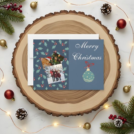 Custom Christmas Photo Card with Family & Cat  Bedankkaart