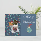 Custom Christmas Photo Card with Family & Cat  Bedankkaart (Staand voorkant)