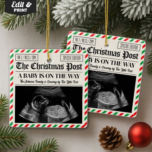 Custom Christmas Pregnancy Announcement Newspaper Keramisch Ornament