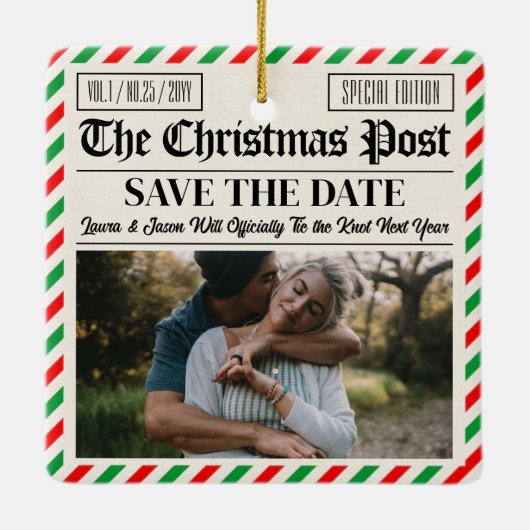 Custom Christmas Wedding Announcement Newspaper Keramisch Ornament (Achterkant)