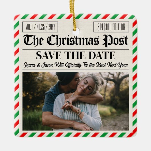 Custom Christmas Wedding Announcement Newspaper Keramisch Ornament (Voorkant)