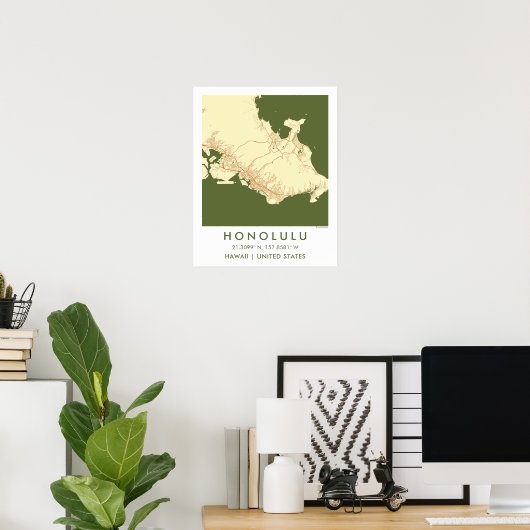 Custom City Map Honolulu Hawaii Wall Art Poster (Thuiskantoor)