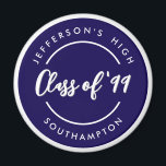 Custom Class of School Graduate Reunion Circle  Magneet<br><div class="desc">Simple minimalist chic posh style design of school name inside navy blue circle ring. Customize it with texts of your own choice for school reunion or graduation keepsake.</div>