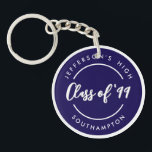 Custom Class of School Graduate Reunion Circle Sleutelhanger<br><div class="desc">Simple minimalist chic posh style design of school name inside navy blue circle ring. Customize it with texts of your own choice for school reunion or graduation keepsake.</div>