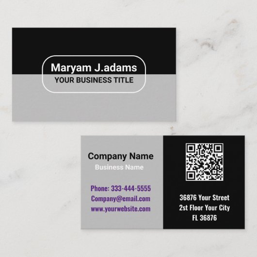 Custom Classy Bedrijfsnaam (QR Code) Zwart Zilver Visitekaartje (Voorkant / Achterkant)