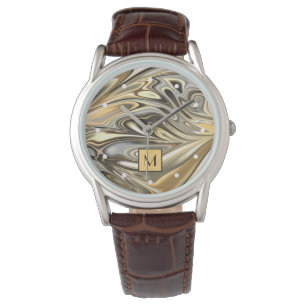 Custom Classy Gold Silver Grey Marbled Waves Art Horloge