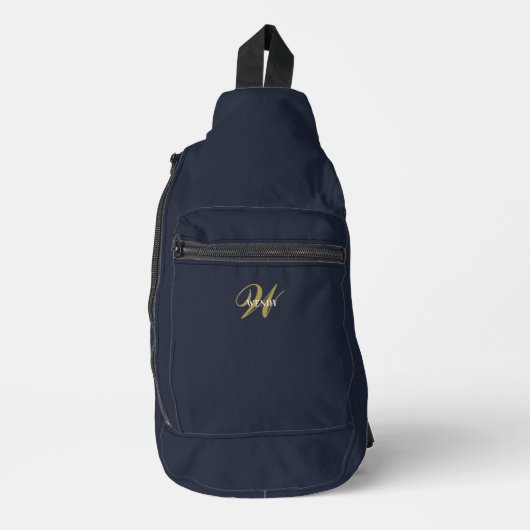 Custom Clean Navy Blue Gold Initial Monogram Sling Bag (Voorkant)
