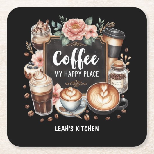 ☕Custom Coffeecore Keuken Cafe Koffie Happy Place Kartonnen Onderzetters (Voorkant)